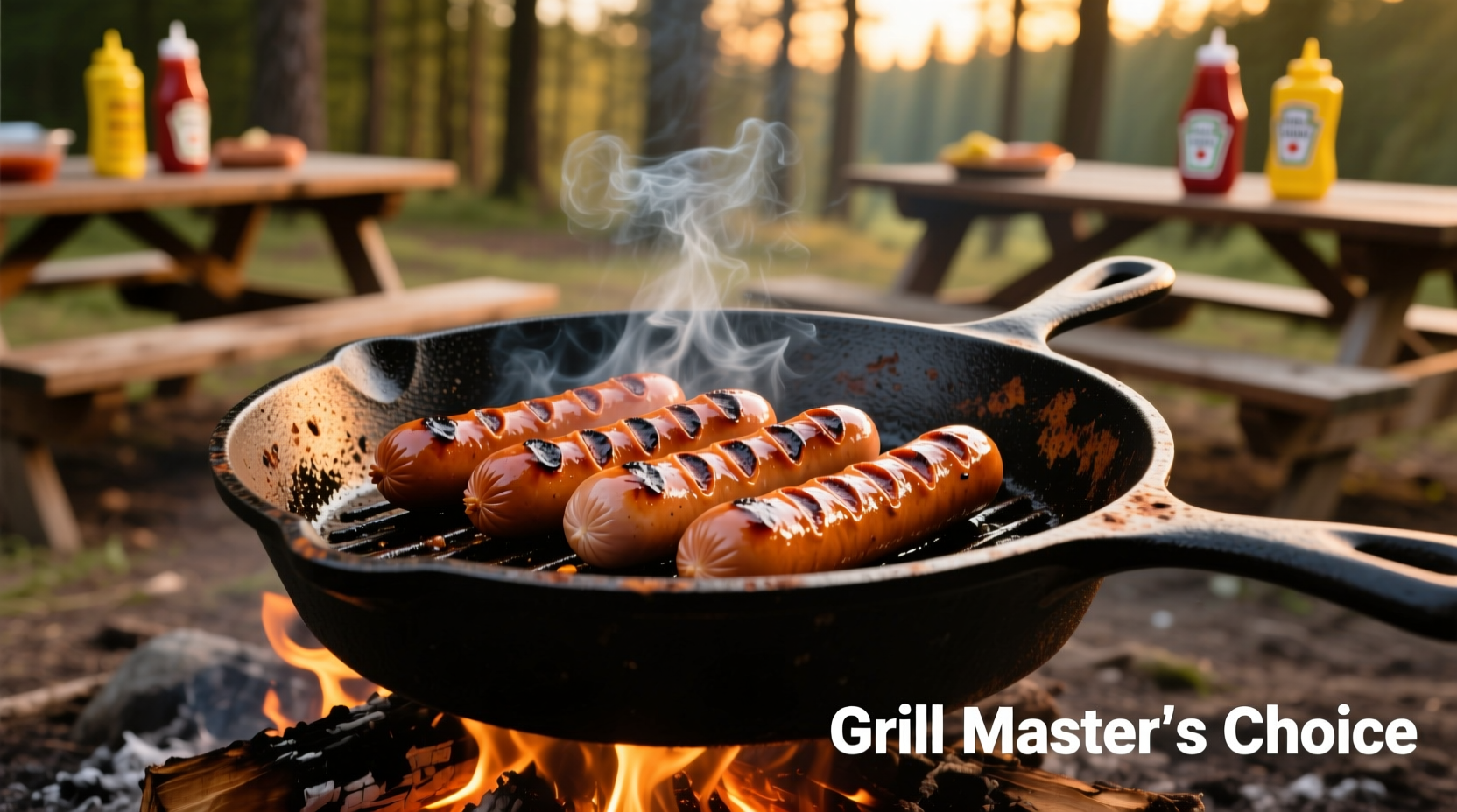 Perfectly browned hot dogs cooking in cast iron skillet
