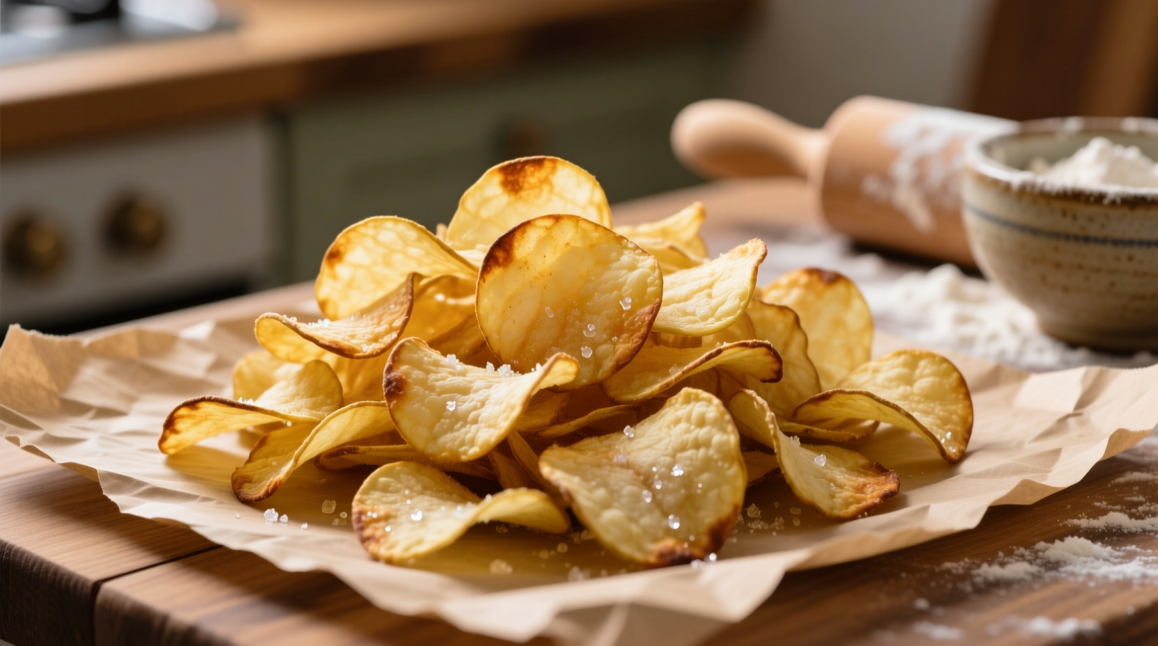 Golden homemade oven potato chips on parchment paper