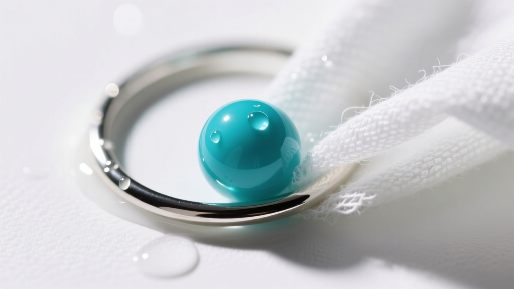 Macro shot of a turquoise bead on a silver hoop being gently wiped with a damp microfiber cloth and a mild soapy water solution