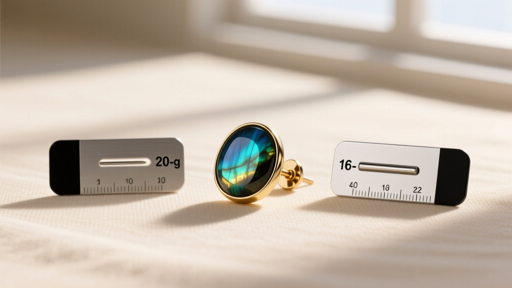 Flat lay of earring posts with gauge cards, showing a labradorite stud next to 20-gauge and 16-gauge metal sizing guides