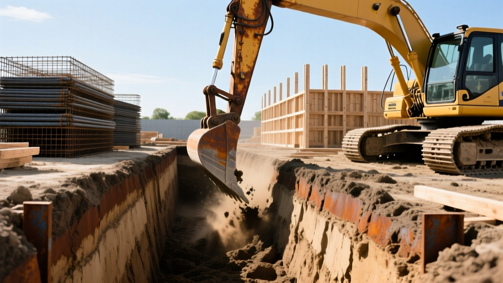 Excavator digging a deep rectangular trench for a basement foundation with stacked rebar and wooden forms visible in the background