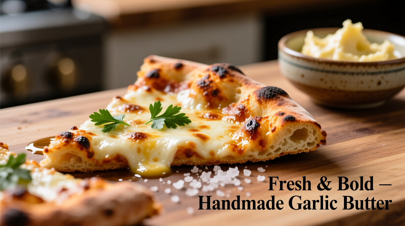 Homemade garlic butter spread on fresh pizza