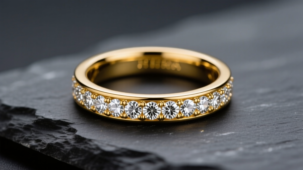 Close-up of an 18k yellow gold Hera fine jewelry diamond pavé ring on dark slate, illuminated by soft directional studio lighting.
