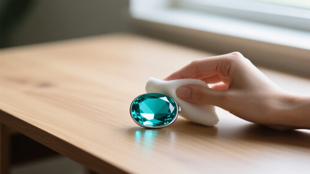 Hands gently wiping a large turquoise cabochon with a damp microfiber cloth, avoiding the silver bezel, on a clean wooden desk.