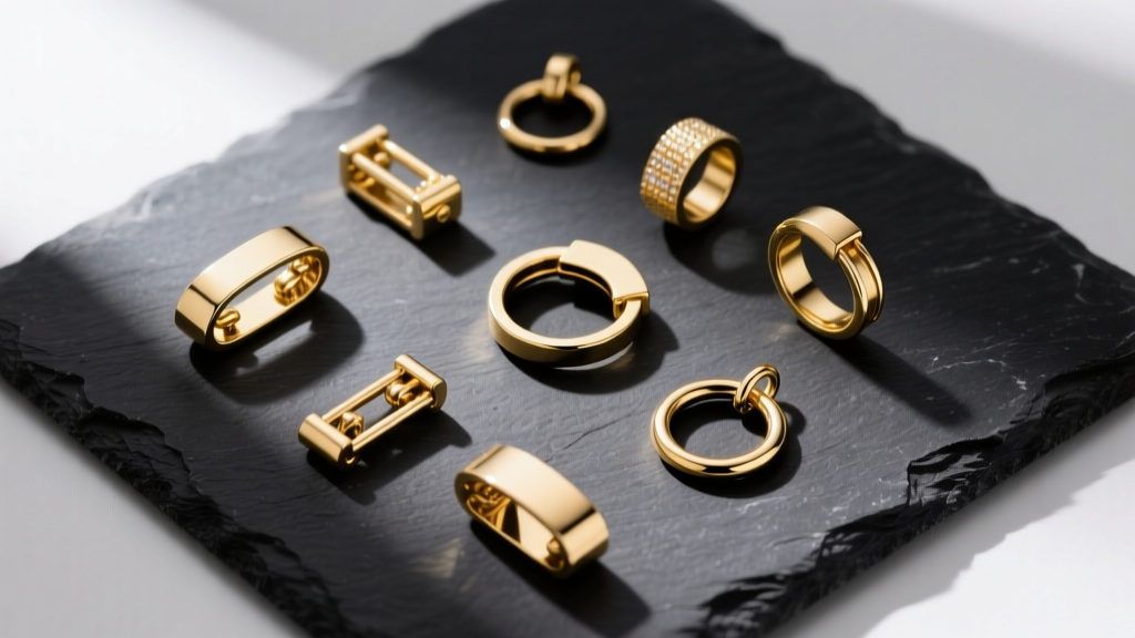 Overhead view of modular jewelry findings, featuring gold-filled clasps, jump rings, and convertible connectors on dark slate.
