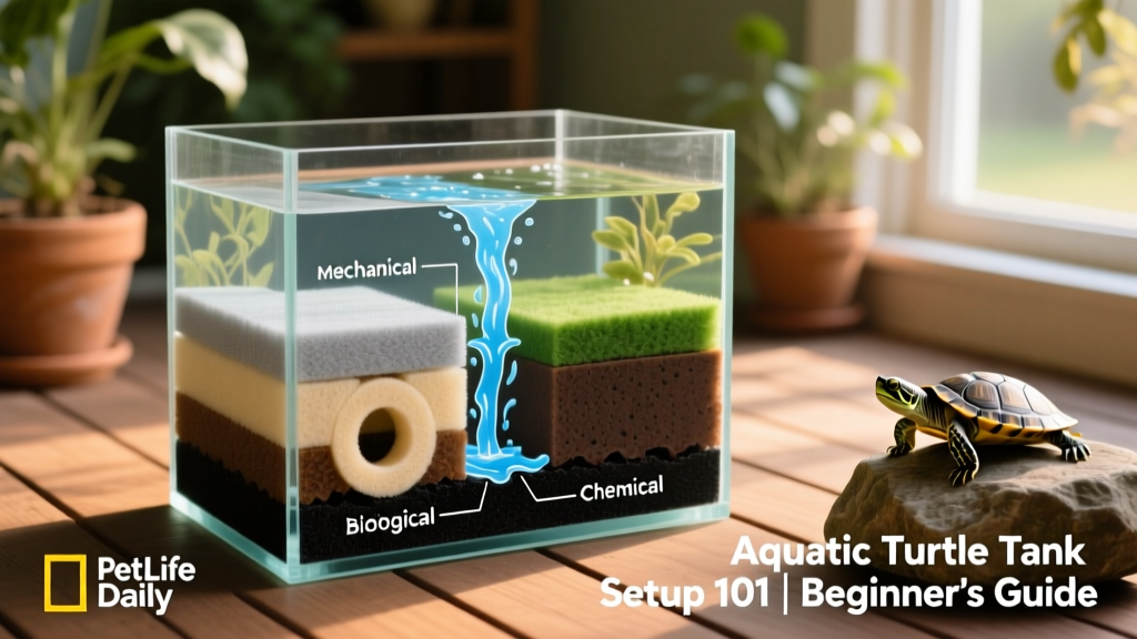 Diagram showing water flow through mechanical, biological, and chemical filter media layers