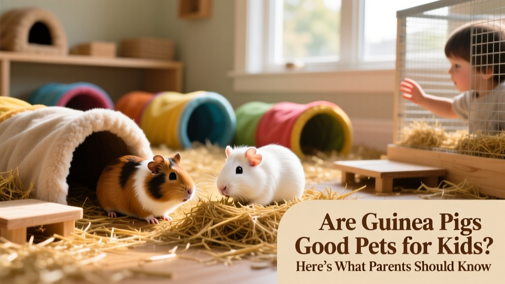 A spacious, enriched guinea pig habitat with hay, tunnels, hideouts, and two guinea pigs exploring
