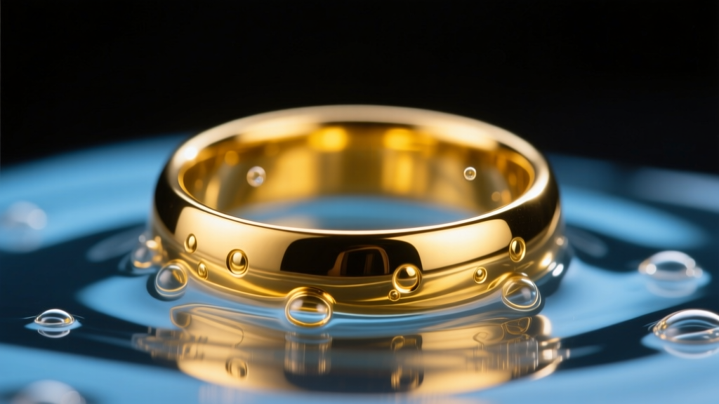 Macro shot of a brass ring submerged in an electroplating bath, glowing with bright yellow gold finish under warm studio lighting