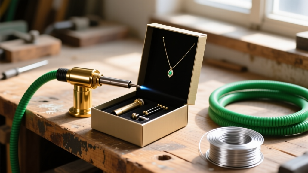 Open gift box revealing a jewelry soldering kit with a brass torch, green hoses, and silver solder wire on a wooden workbench