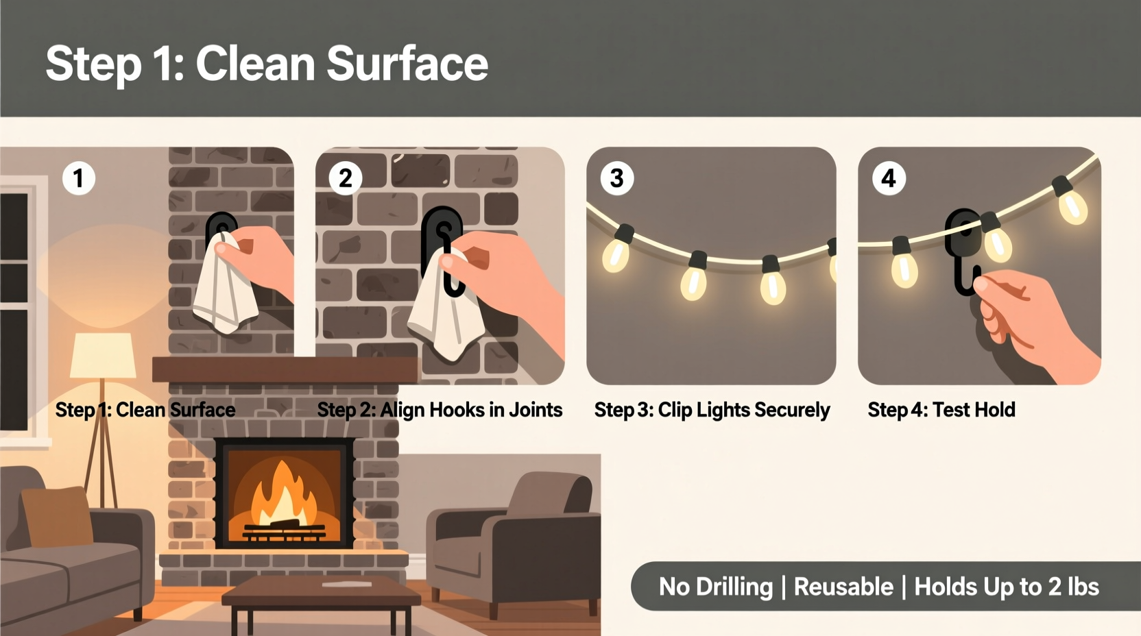 how to hang lights on a brick fireplace without drilling using removable masonry hooks that actually hold