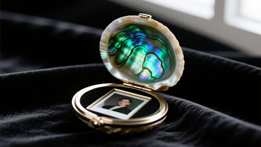 Open abalone shell locket revealing a photo compartment, showing vibrant green and blue paua interior against dark velvet fabric.