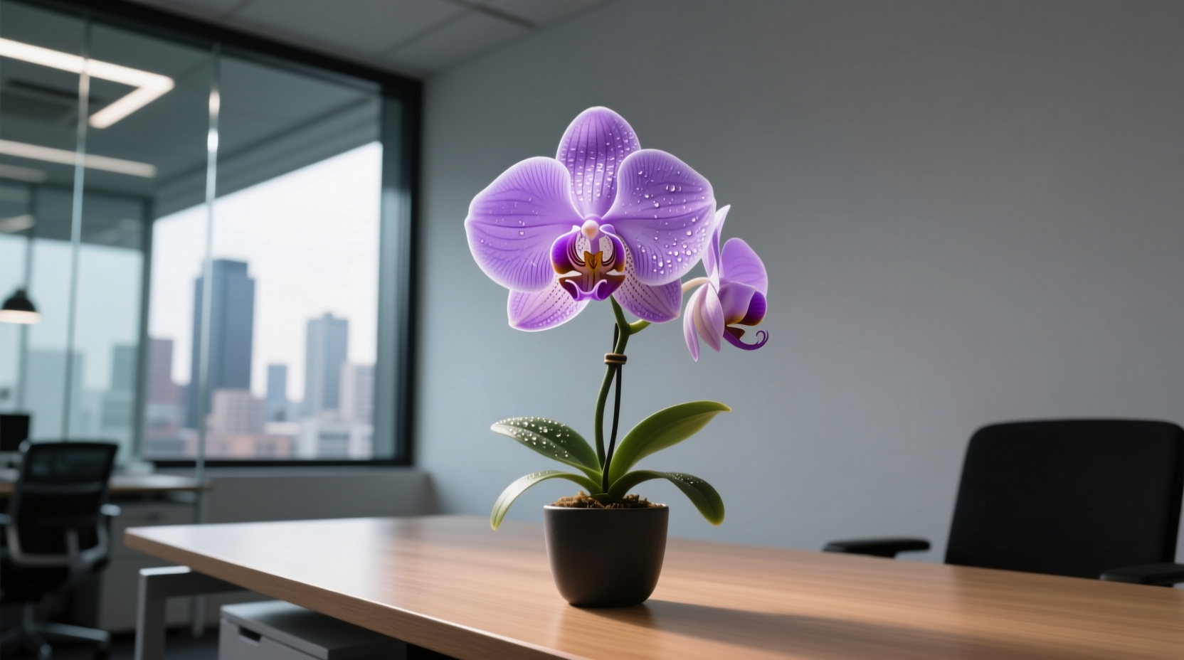 Phalaenopsis orchid in February office setting with indirect light showing 3-month lasting blooms, highlighting low-light flowering capability for professionals