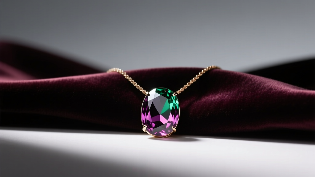 Oval alexandrite pendant necklace resting on dark silk, showing a deep purplish-red color shift under warm incandescent lighting