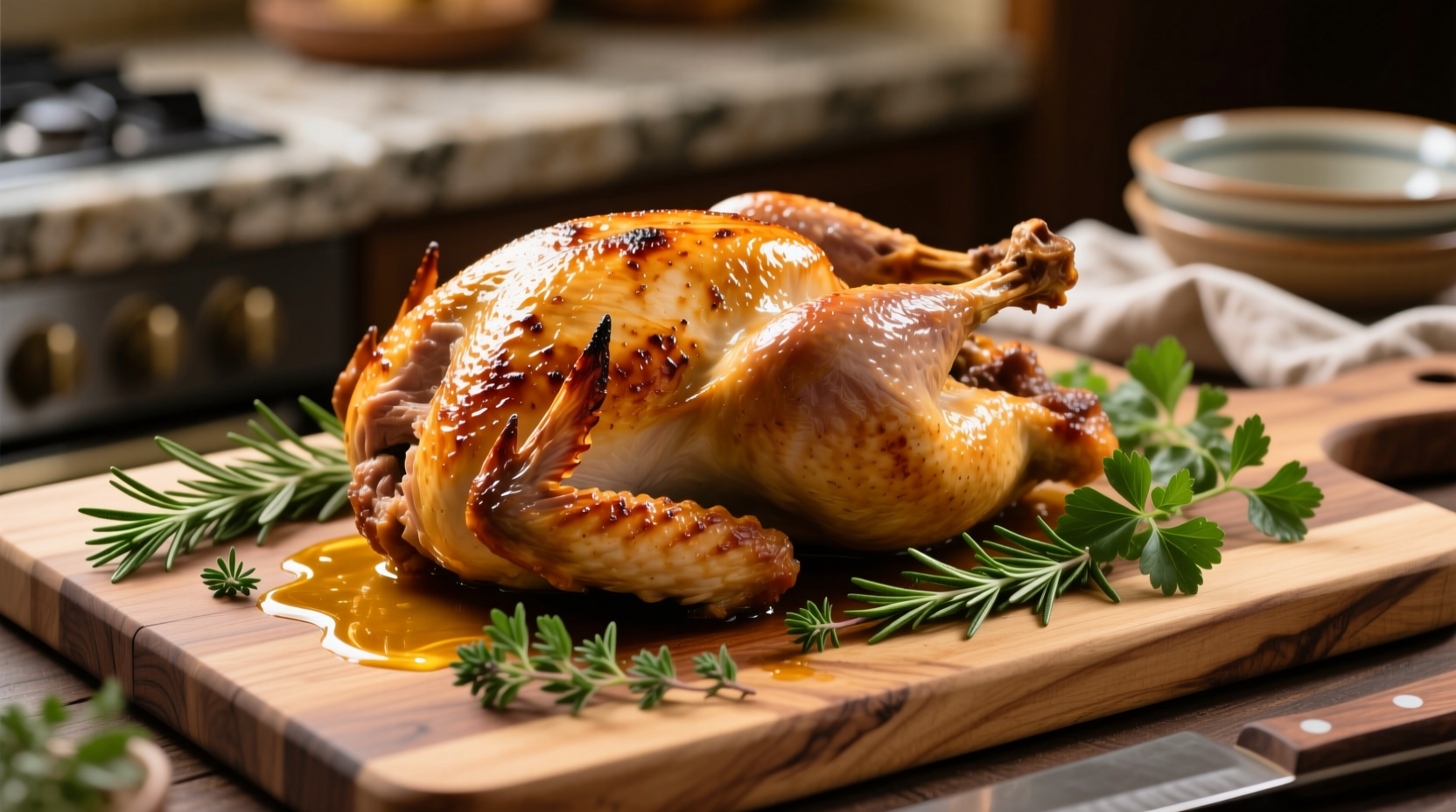 Golden roasted turkey breast with herb garnish on cutting board