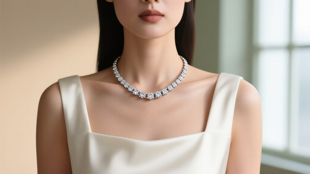Square neckline dress paired with a 15-inch 4mm bezel-set diamond tennis necklace in platinum against a softly blurred background