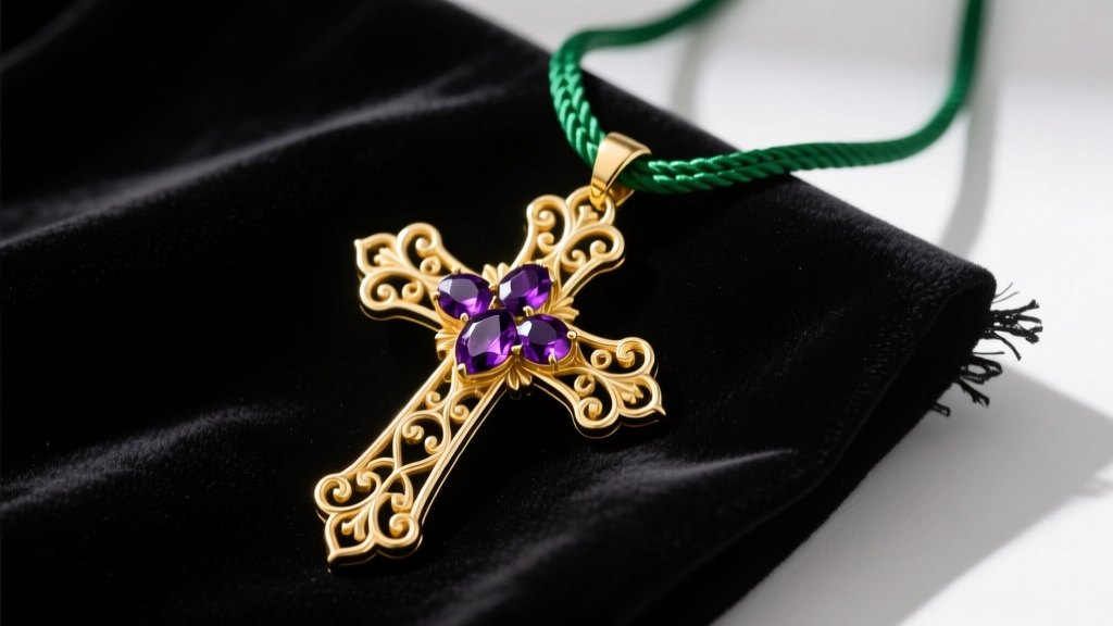 Ornate 18k gold episcopal cross necklace with purple amethyst cabochons and green silk cord resting on dark velvet fabric.