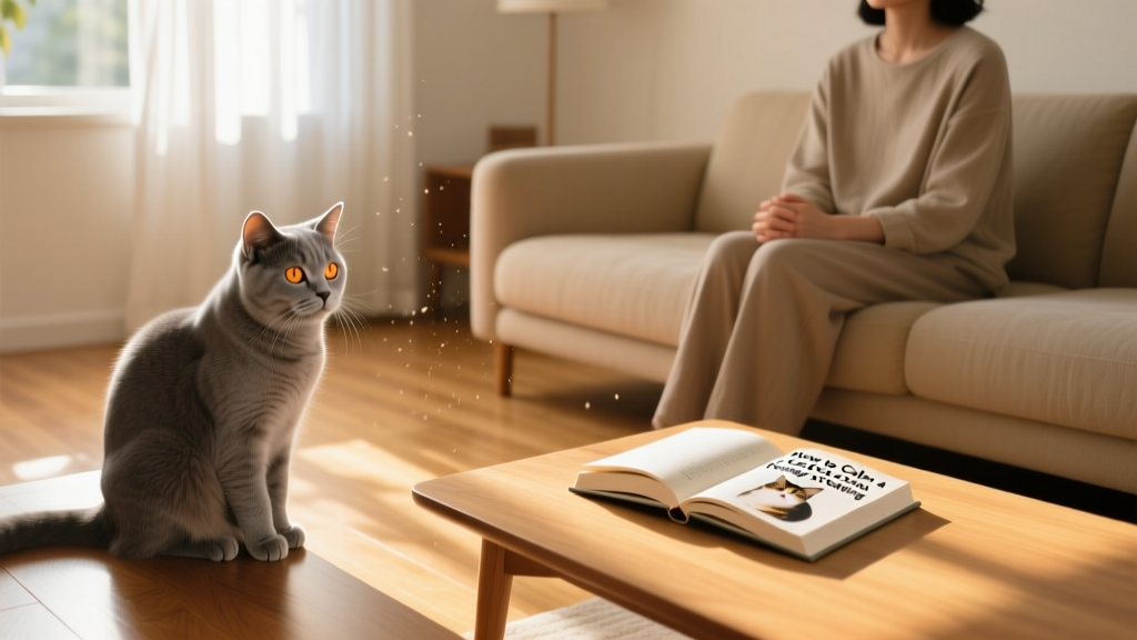 A calm, curious cat observing a person from a safe distance in a sunlit living room