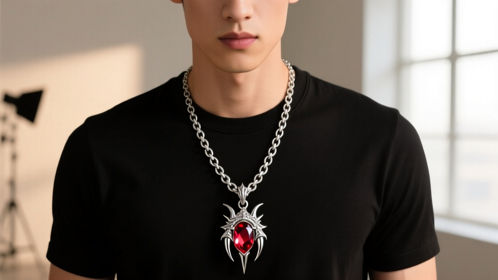 Man wearing a layered fantasy necklace over a black t-shirt, showing a 20-inch silver chain with a dragon claw holding a red gem.