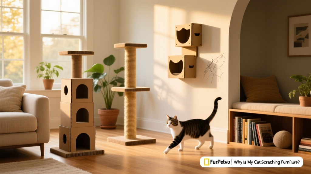 Three different FurPetVo scratching posts placed strategically around a living room