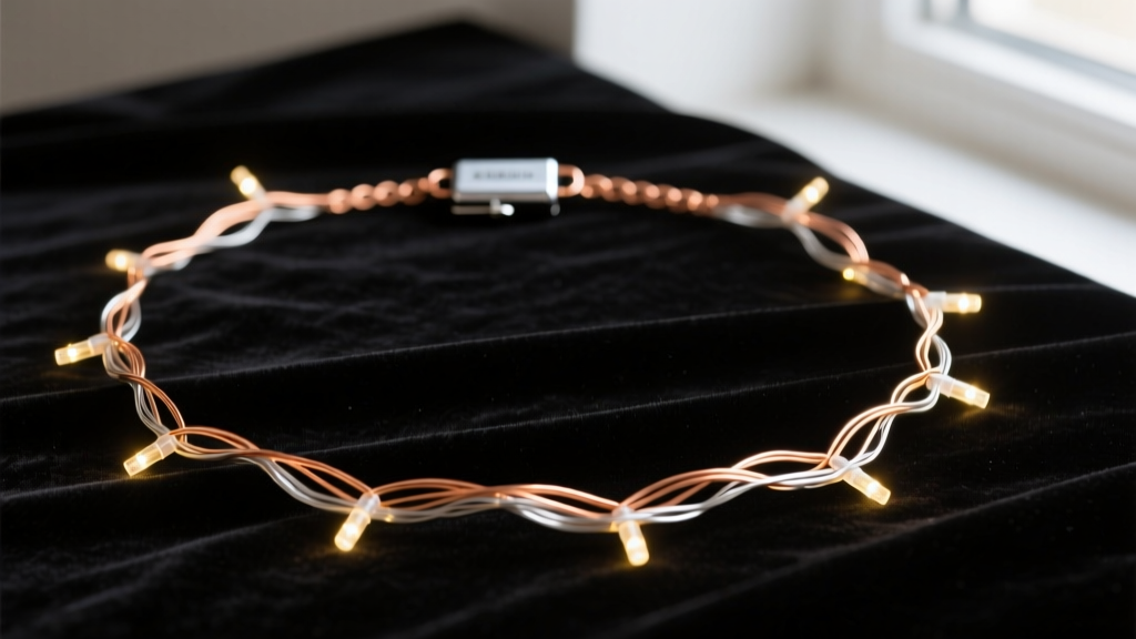 Glowing copper wire fairy light necklace on dark velvet, showing 2mm micro LEDs and a small silver battery pack clasp detail.