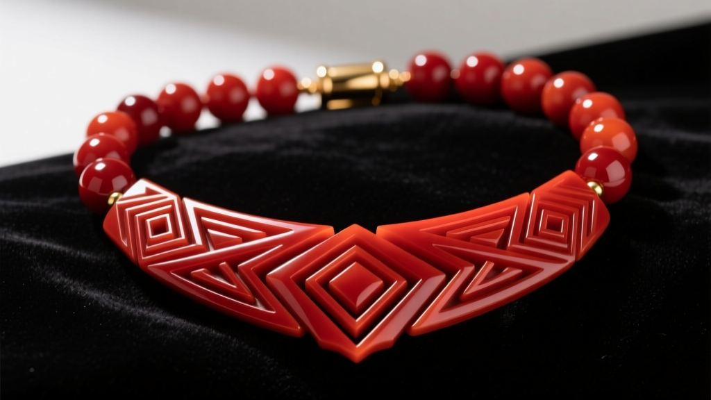 A 1930s Art Deco red Bakelite bead necklace on dark velvet, showing carved geometric patterns and a brass barrel clasp.