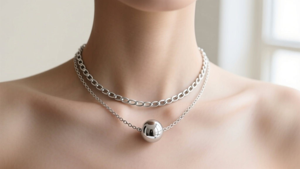 Sterling silver metal ball necklace layered with a delicate box chain on a collarbone, illuminated by soft natural window light.