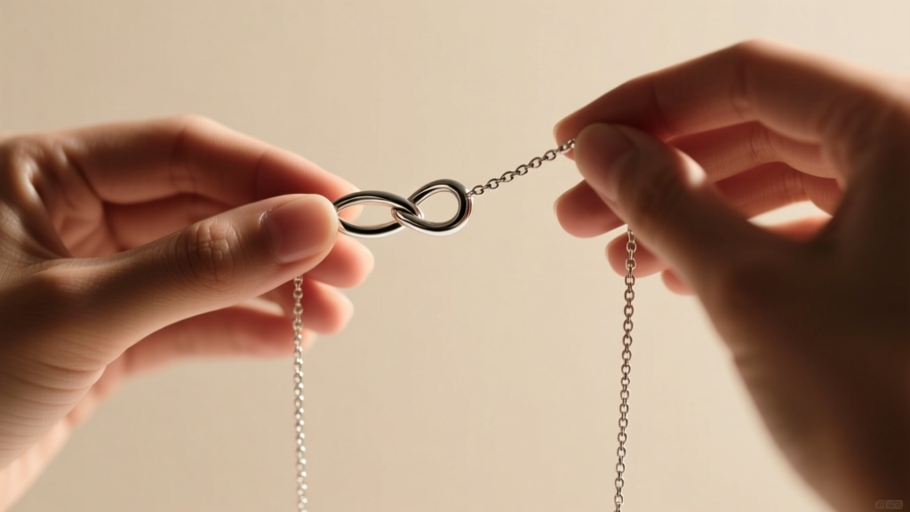 Close-up of hands tying a slip knot on a long sterling silver sautoir necklace, showing the loop against a neutral background.