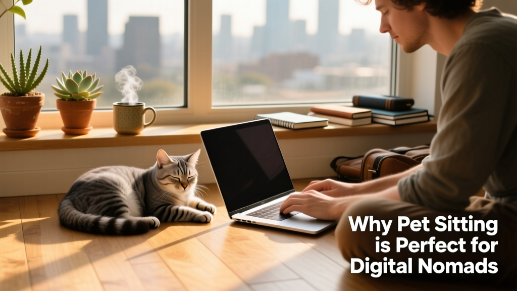 A person working on a laptop with a calm cat curled up beside them on a sunlit windowsill