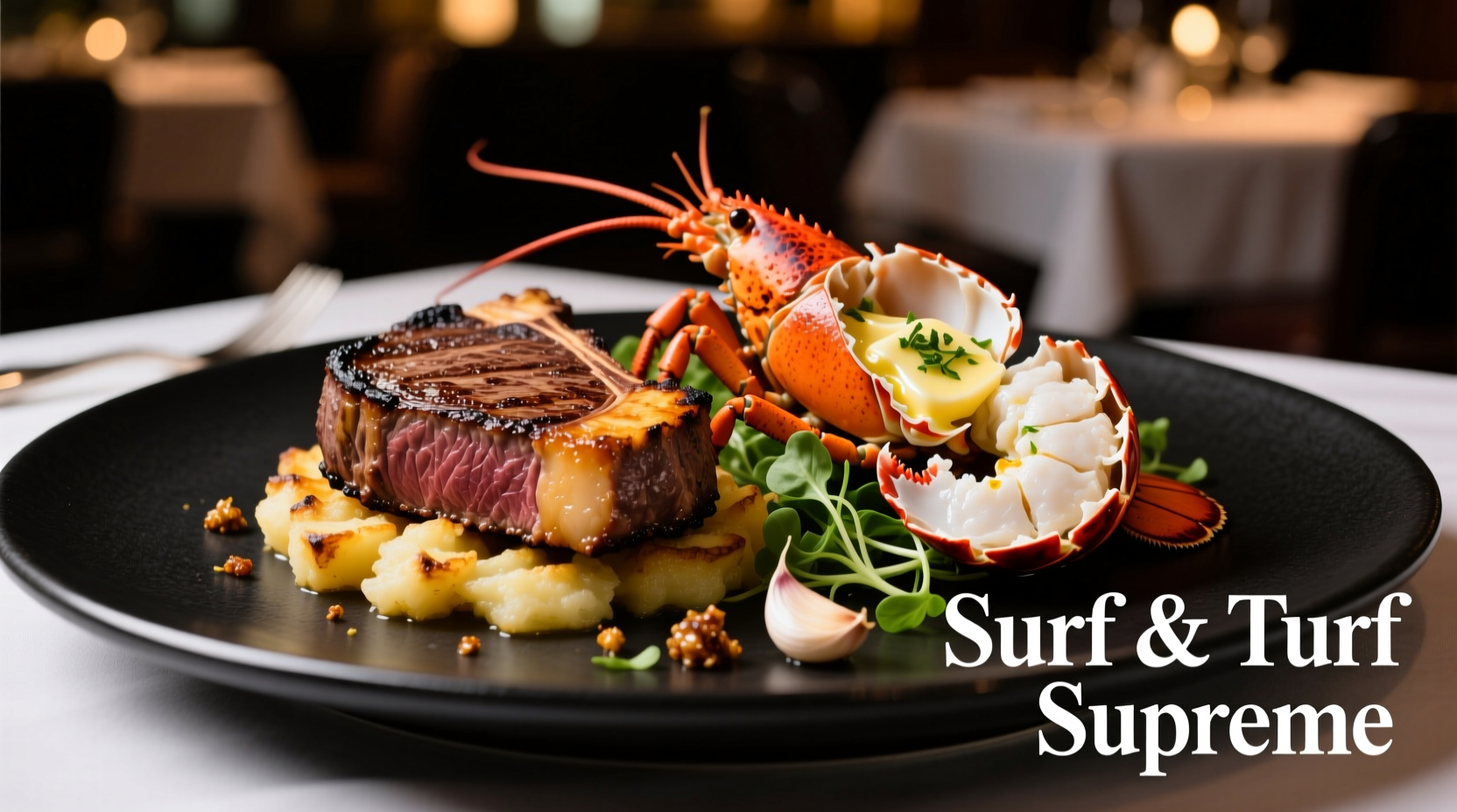 Plated surf and turf meal with lobster and steak