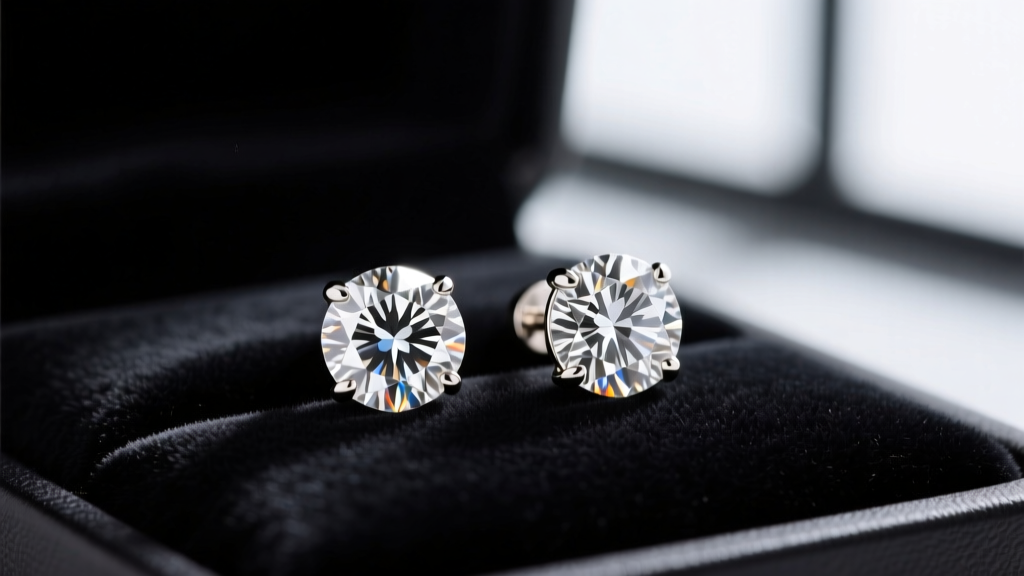 Macro photography of 1-carat total weight diamond stud earrings in 10k white gold, resting on a dark velvet jewelry display pad