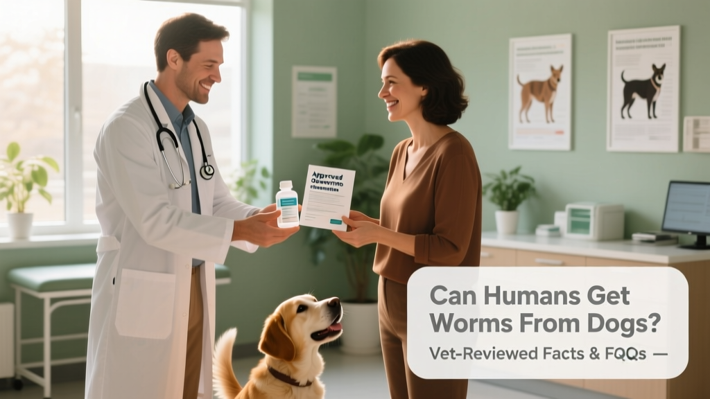 Veterinarian handing a pet owner a bottle of approved dewormer and printed prevention guide