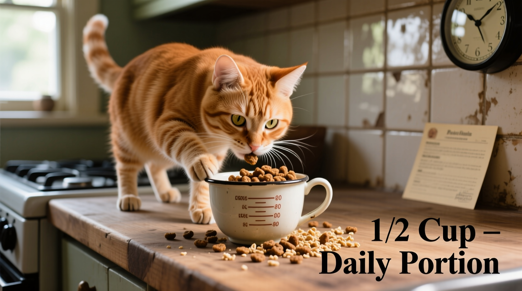 Cat eating from measuring cup with food portions