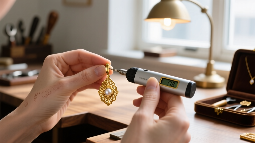 A professional jewelers hands using an electronic gold tester on the clasp of a vintage 18-karat gold drop earring in a lit workshop