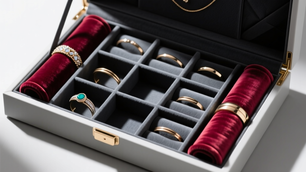 Top-down view of a modular jewelry organizer featuring deep bangle slots, velvet ring rolls, and dark anti-tarnish cloth lining.