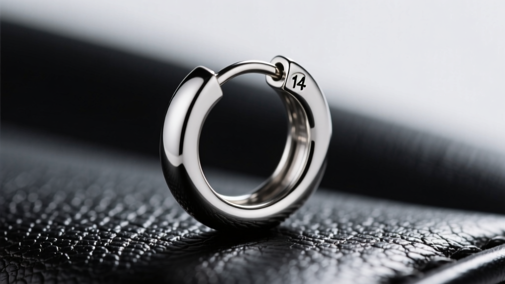 Macro shot of a 14-gauge mens titanium hoop earring with a seamless clicker closure, resting on a textured black leather surface.