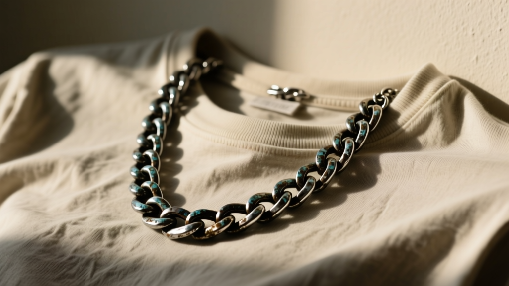Close-up of a thick, heavily oxidized sterling silver curb chain necklace resting on a faded vintage band t-shirt, moody lighting