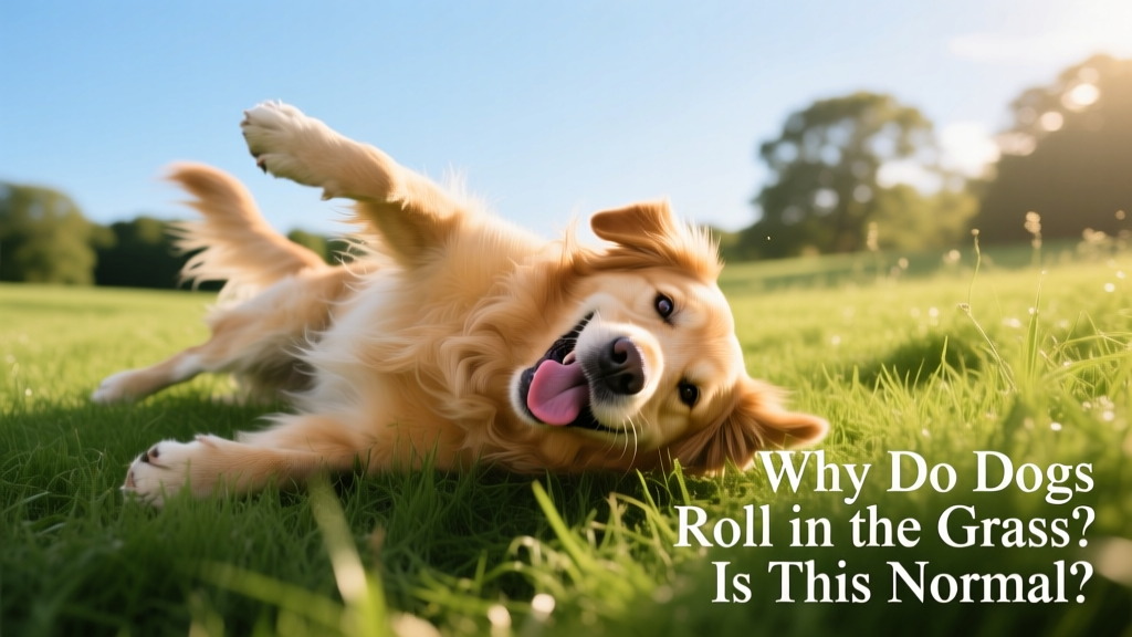 A happy dog rolling playfully in lush green grass on a sunny day