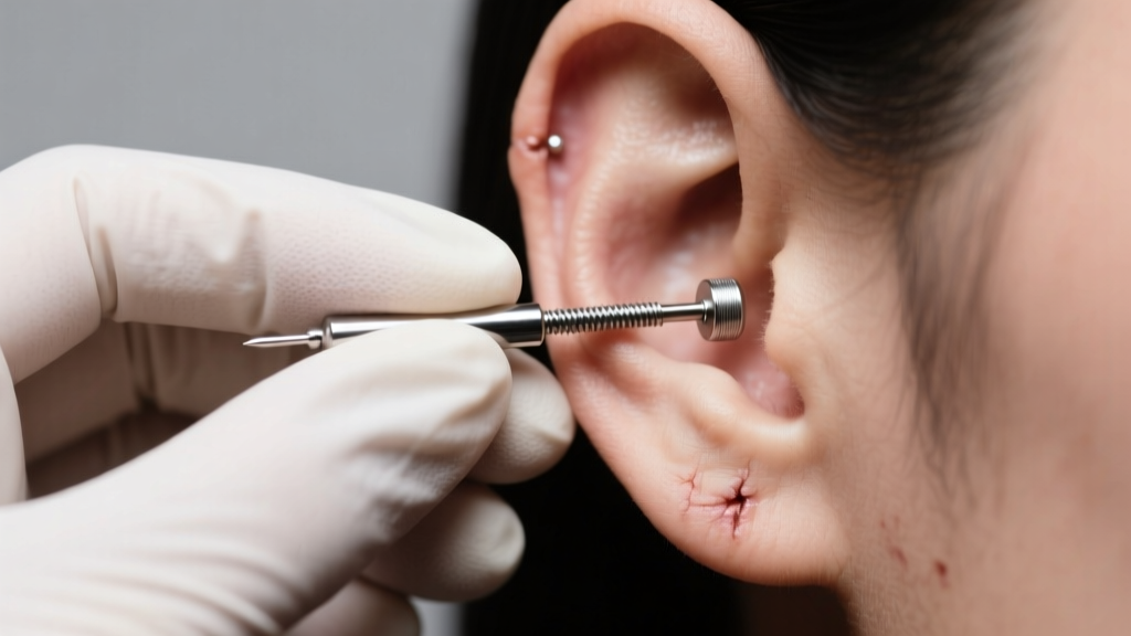 Gloved hands removing a 14-gauge titanium internally threaded labret stud from a healed earlobe under bright studio lighting.