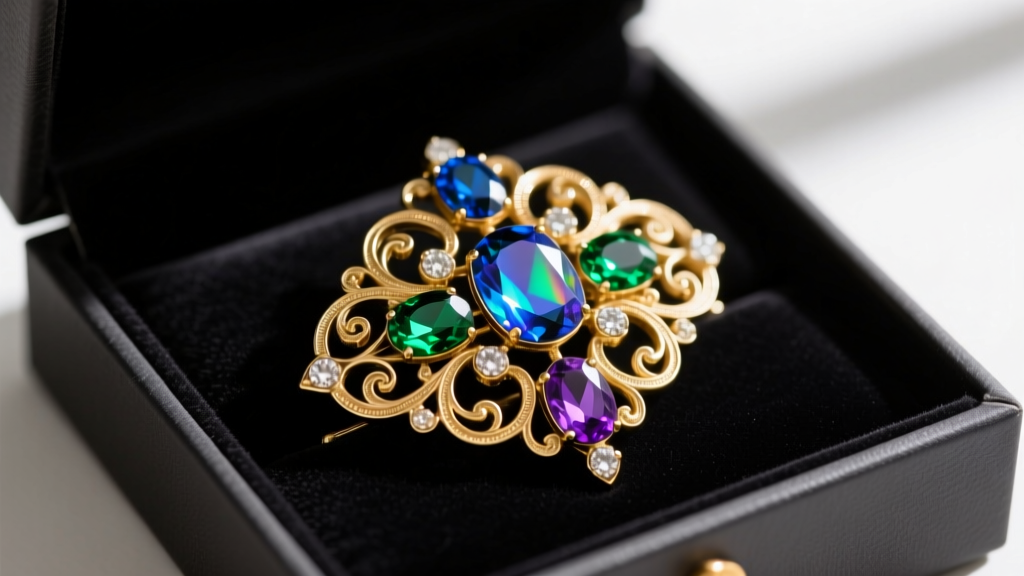 Close-up of a 1950s gold-plated costume brooch with aurora borealis rhinestones resting on dark velvet inside a gift box