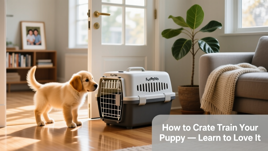 A calm, curious puppy sniffing the open door of a FurPetVo crate in a sunlit living room