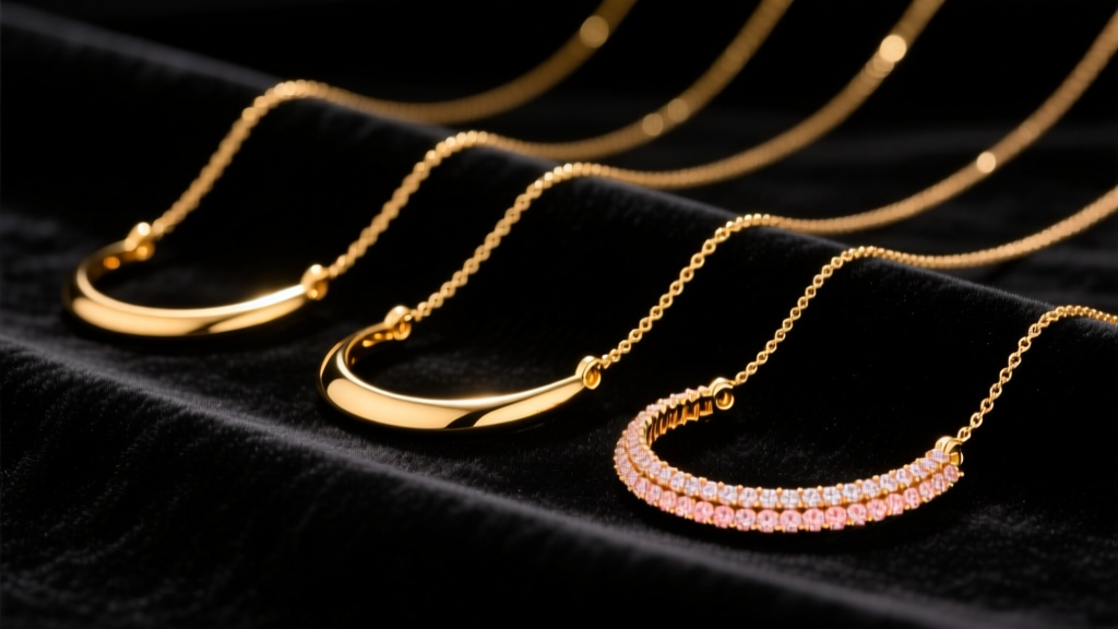 14K, 18K, and 22K gold wedding necklaces on black velvet, showing subtle color and luster differences under soft studio lighting.