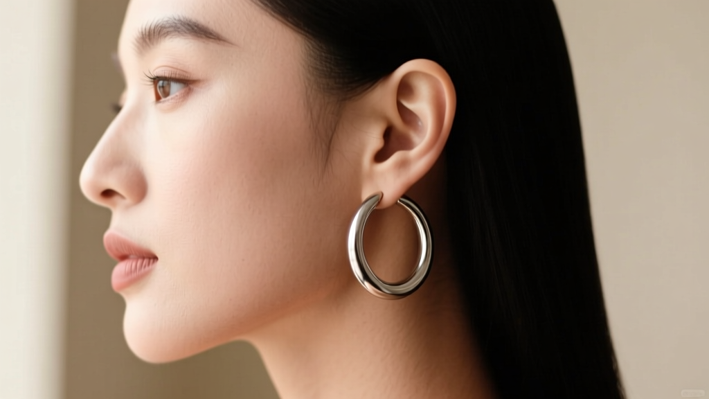 Side profile of a woman wearing medium titanium hoop earrings, focusing on the earlobe and the seamless continuous hoop design.