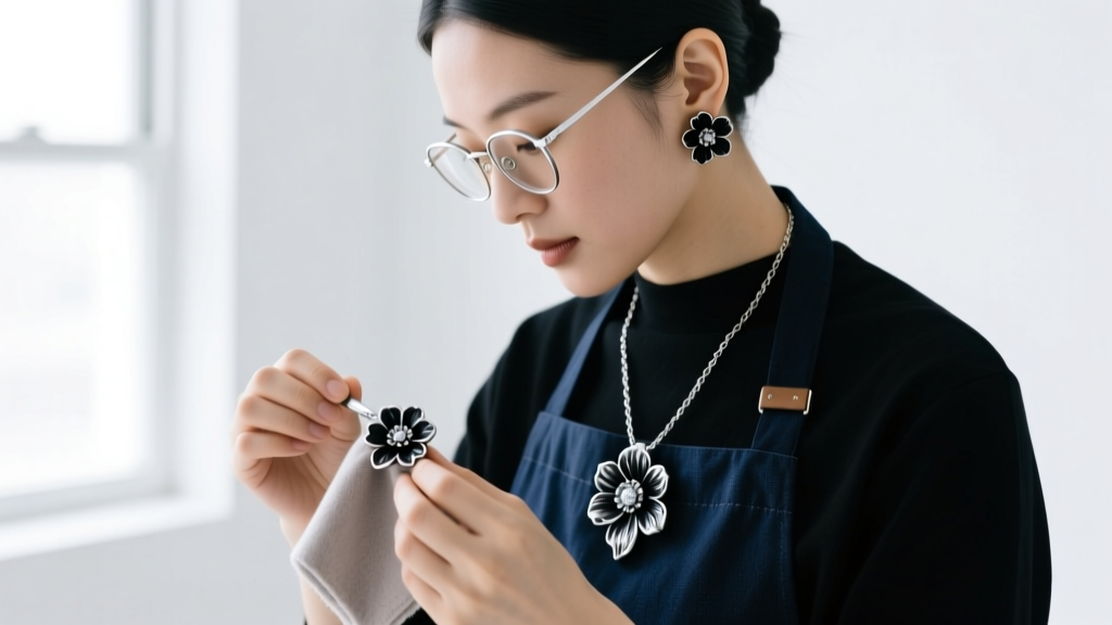 Jeweler using a microfiber cloth to polish an oxidized sterling silver black floral ear cuff and matching chain necklace set.