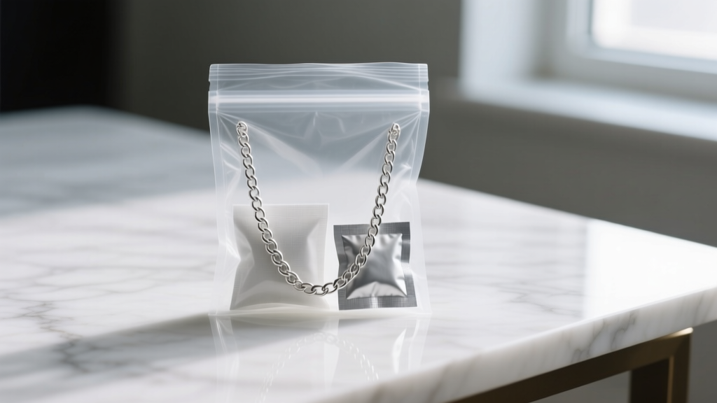 Close-up of anti-tarnish strips inside a sealed polyethylene bag holding a sterling silver chain and silica gel packet on a marble desk