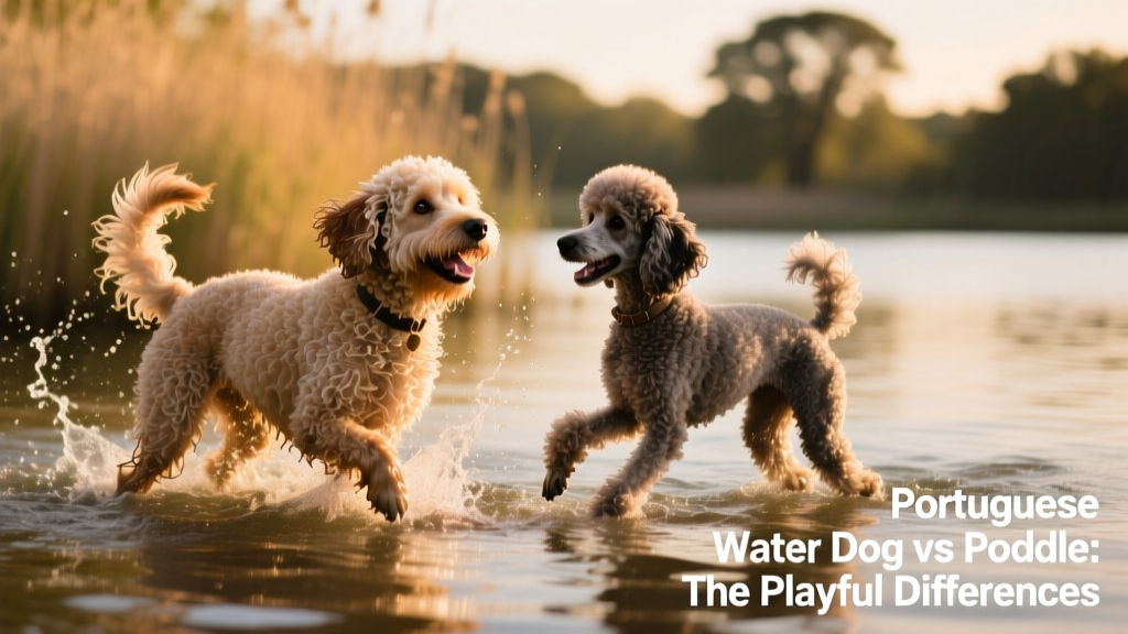 A joyful Portuguese Water Dog and Poodle playing together in shallow water, tails wagging, illustrating their shared love of water and playful spirit