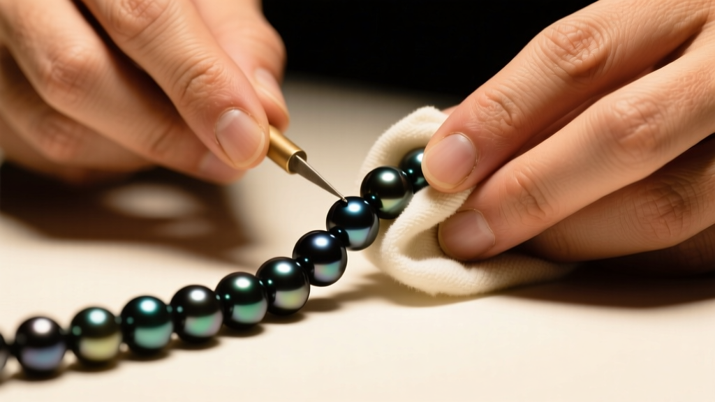 Jeweler hands using a specialized damp microfiber cloth to gently polish a strand of dark Tahitian pearls under bright, warm studio lighting