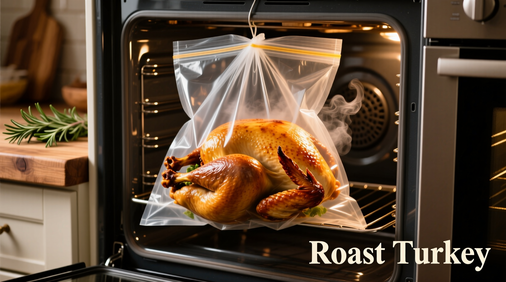 Turkey roasting inside oven cooking bag