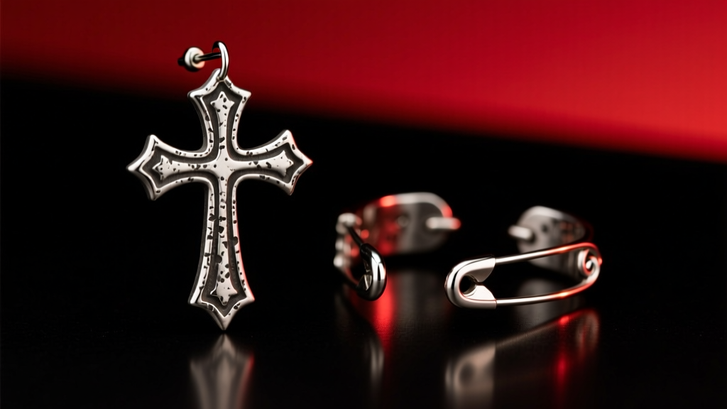 Close-up of heavy oxidized sterling silver gothic cross earrings and safety pin cartilage cuffs under moody red studio lighting