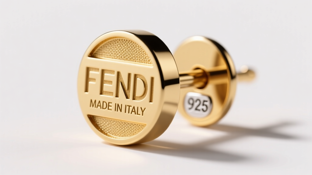Macro photography of a Fendi earring post showing deeply engraved FENDI and MADE IN ITALY hallmarks next to a 925 silver stamp.