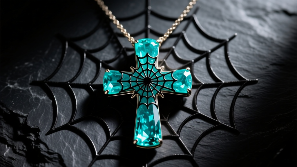 Close-up of a large turquoise cross necklace with a dark spiderweb matrix on dark slate under warm, directional studio lighting.